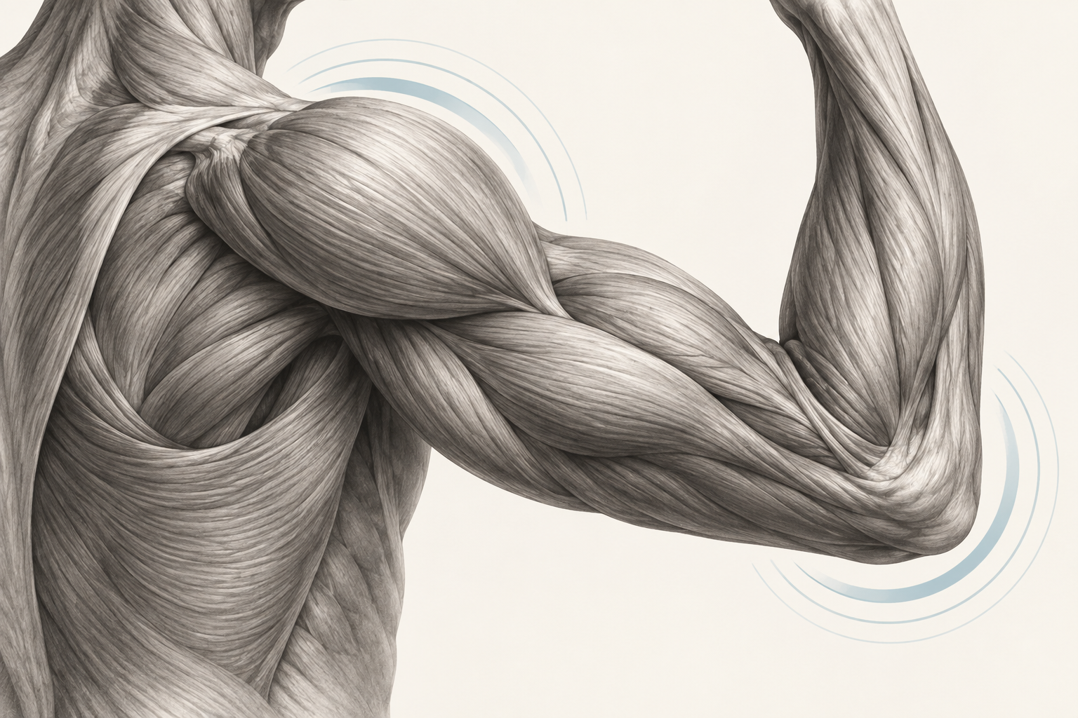 Illustrative study of shoulder and arm muscles, with blue movement arcs