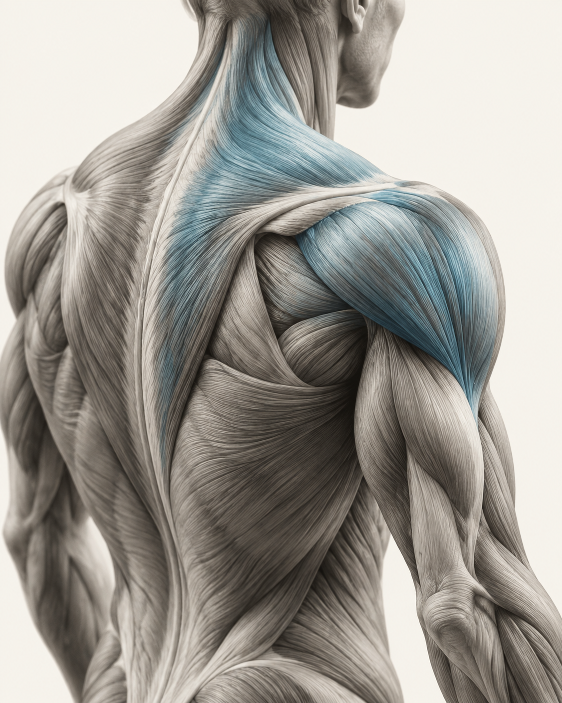 Stylized anatomical illustration of back and shoulder muscles in charcoal and blue